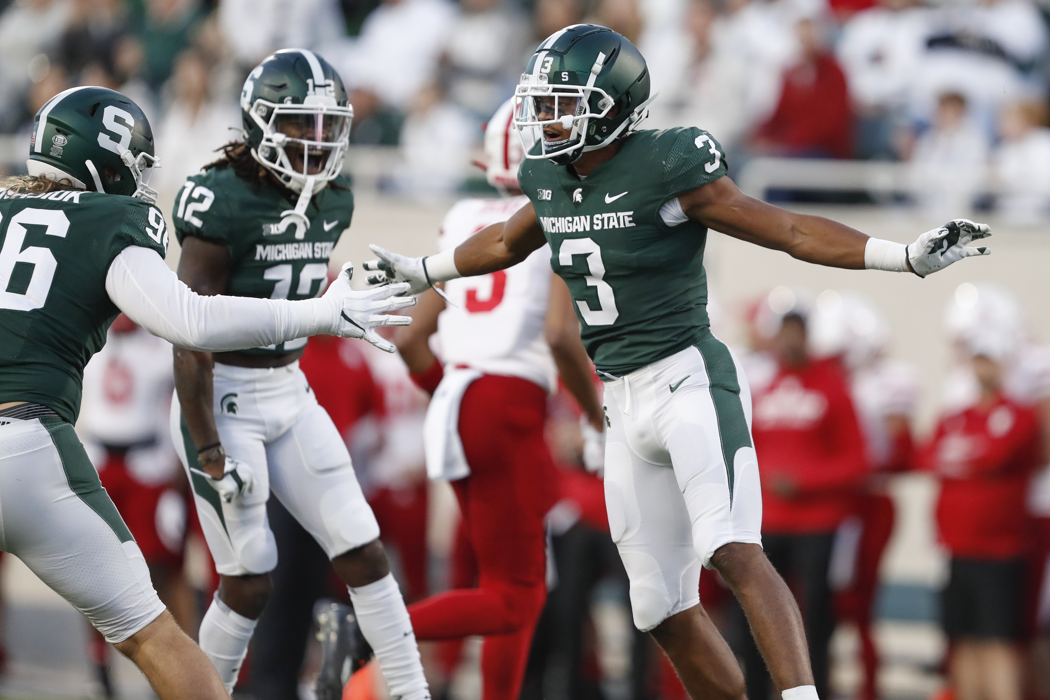 Michigan State Football team celebrates a big play in win over Nebraska football team