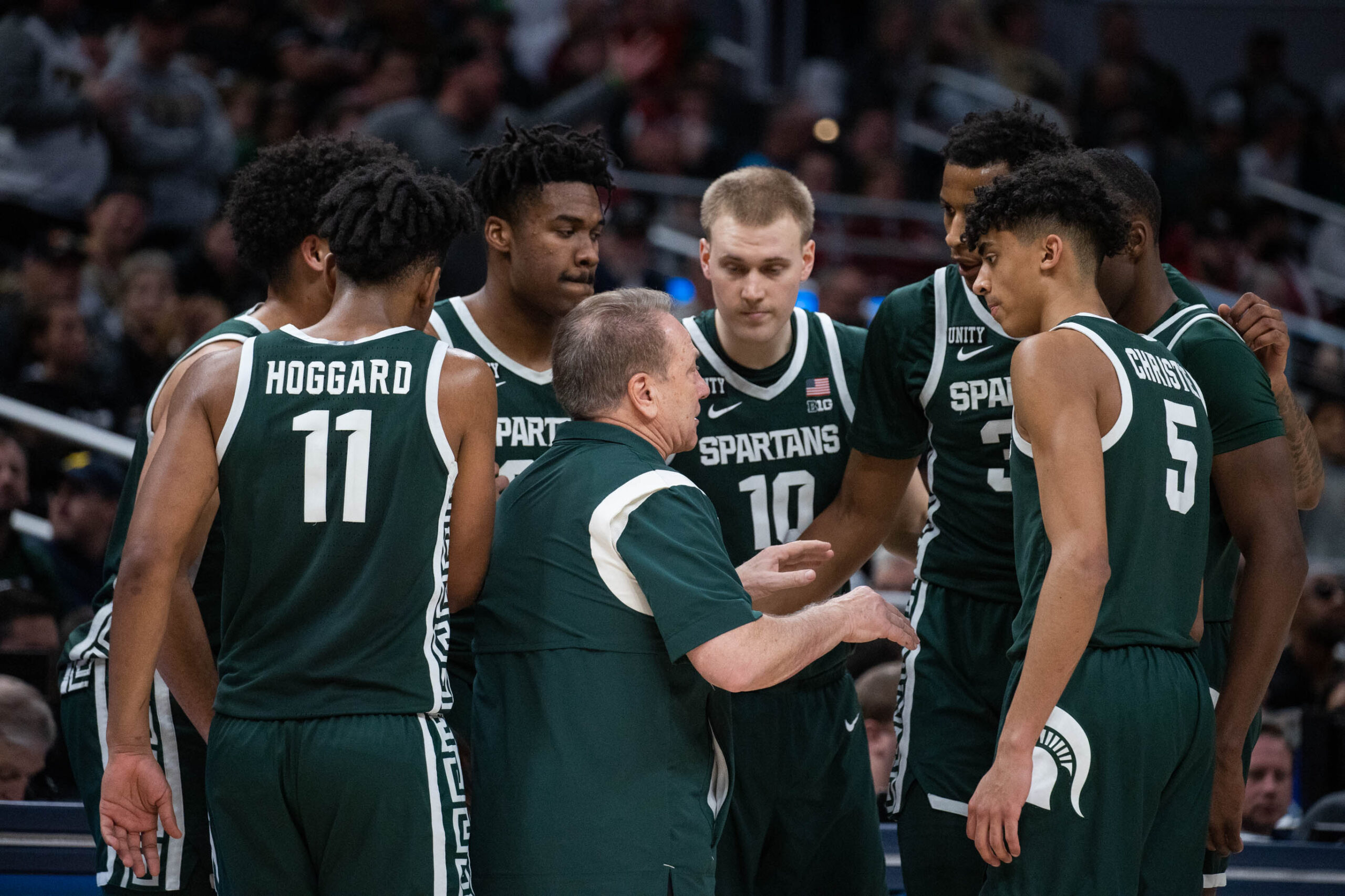 Michigan State head basketball coach Tom Izzo talks to his team during a timeout.