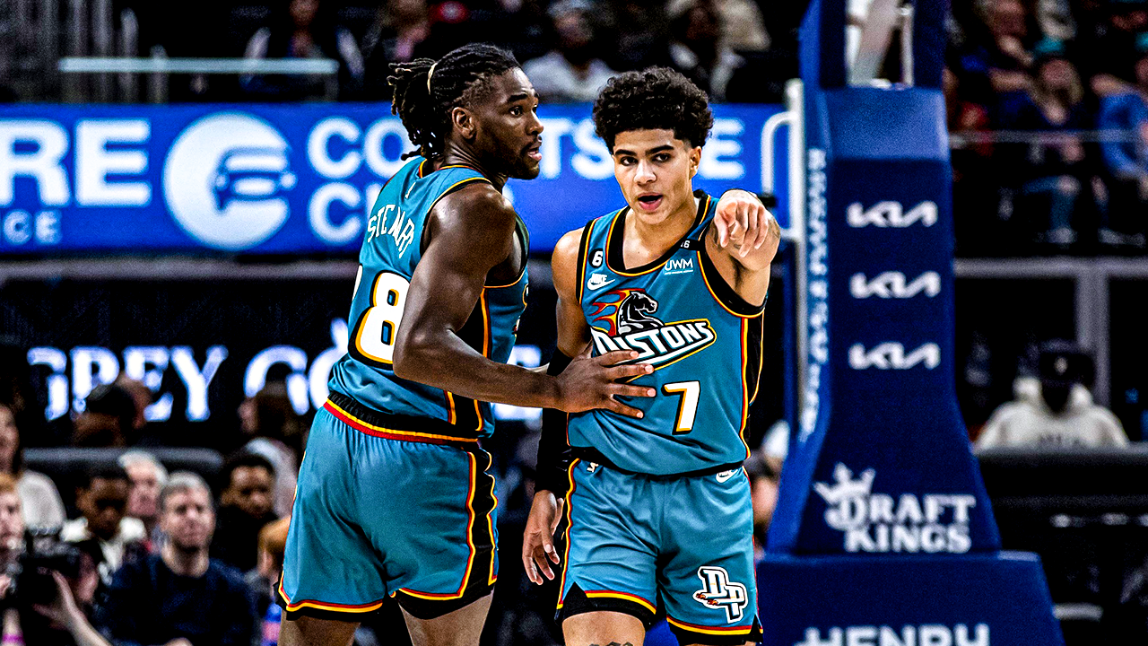 Killian Hayes and Isaiah Stewart of the Detroit Pistons. Article by Brandon Dent. Photo Credit: Allison Farrand-USA TODAY Sports