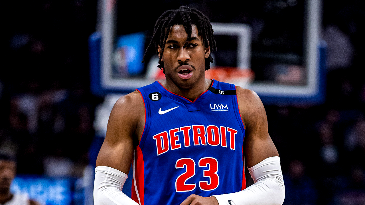 Mar 19, 2023; Detroit, Michigan, USA; Detroit Pistons guard Jaden Ivey (23) looks on between action in the first quarter against the Miami Heat at Little Caesars Arena. Mandatory Credit: Allison Farrand-USA TODAY Sports. Article By Brandon Dent