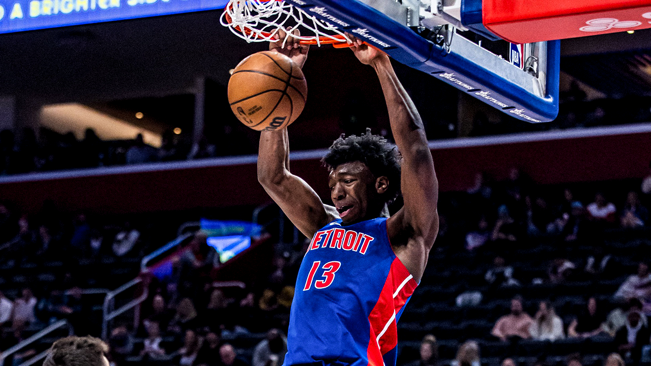 Mar 19, 2023; Detroit, Michigan, USA; Detroit Pistons center James Wiseman (13) dunks the ball in the second half of a game against the Miami Heat at Little Caesars Arena. Mandatory Credit: Allison Farrand-USA TODAY Sports