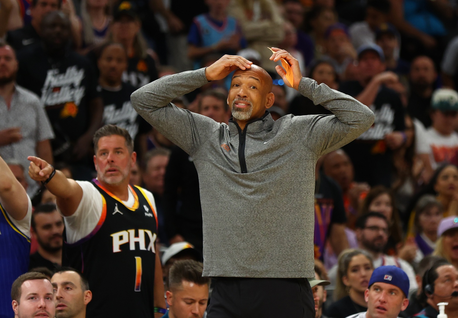 May 7, 2023; Phoenix, Arizona, USA; Phoenix Suns head coach Monty Williams reacts against the Denver Nuggets in the second half during game four of the 2023 NBA playoffs at Footprint Center. Mandatory Credit: Mark J. Rebilas-USA TODAY Sports. Article by Brandon Dent