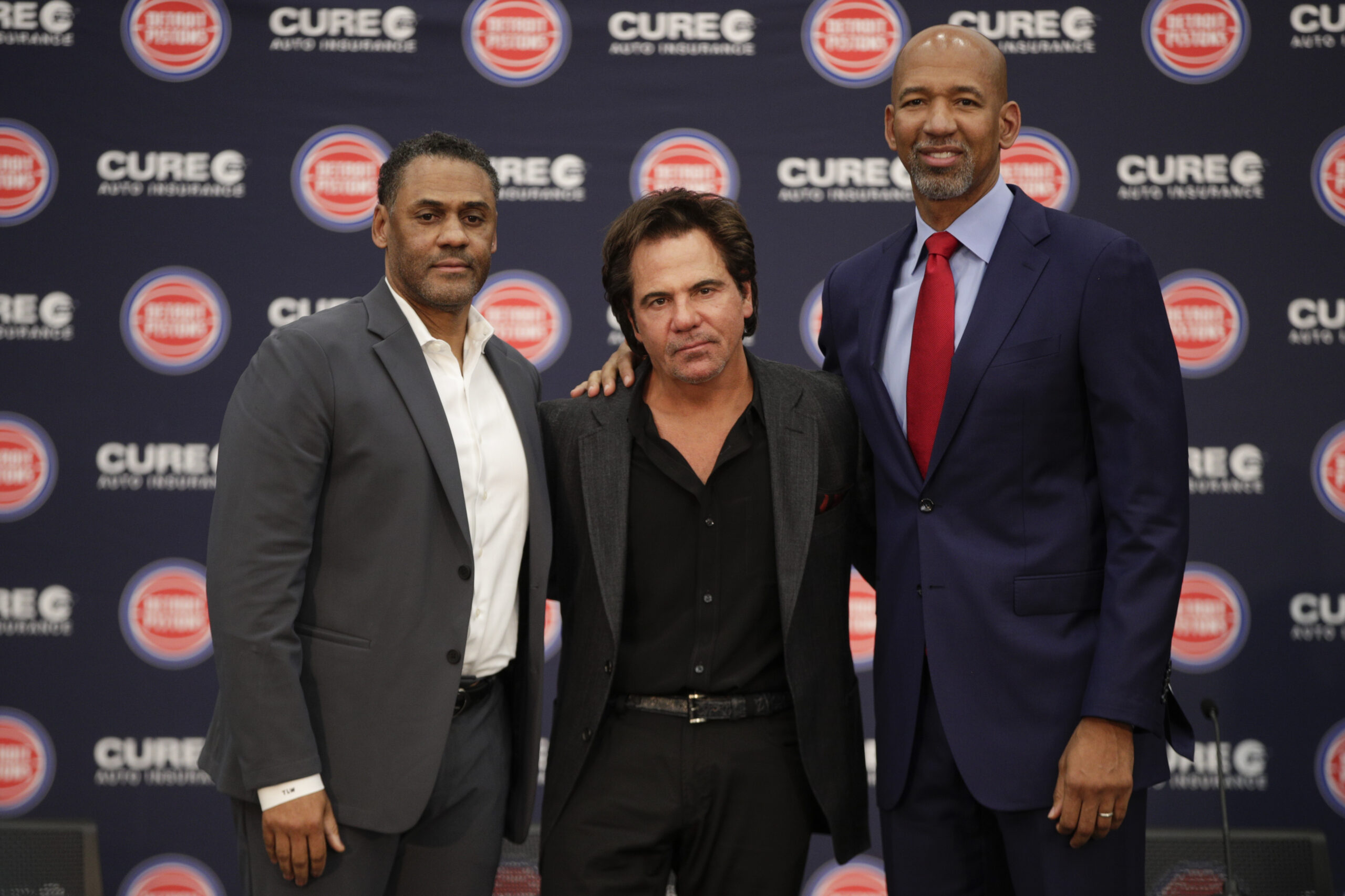 Jun 13, 2023; Detroit, MI, USA; Detroit Pistons owner Tom Gores, general manager Troy Weaver, and new head coach Monty Williams pose for a photo following the press conference at the Henry Ford Detroit Pistons Performance Center. Mandatory Credit: Brian Bradshaw Sevald-USA TODAY Sports. Article by Brandon Dent
