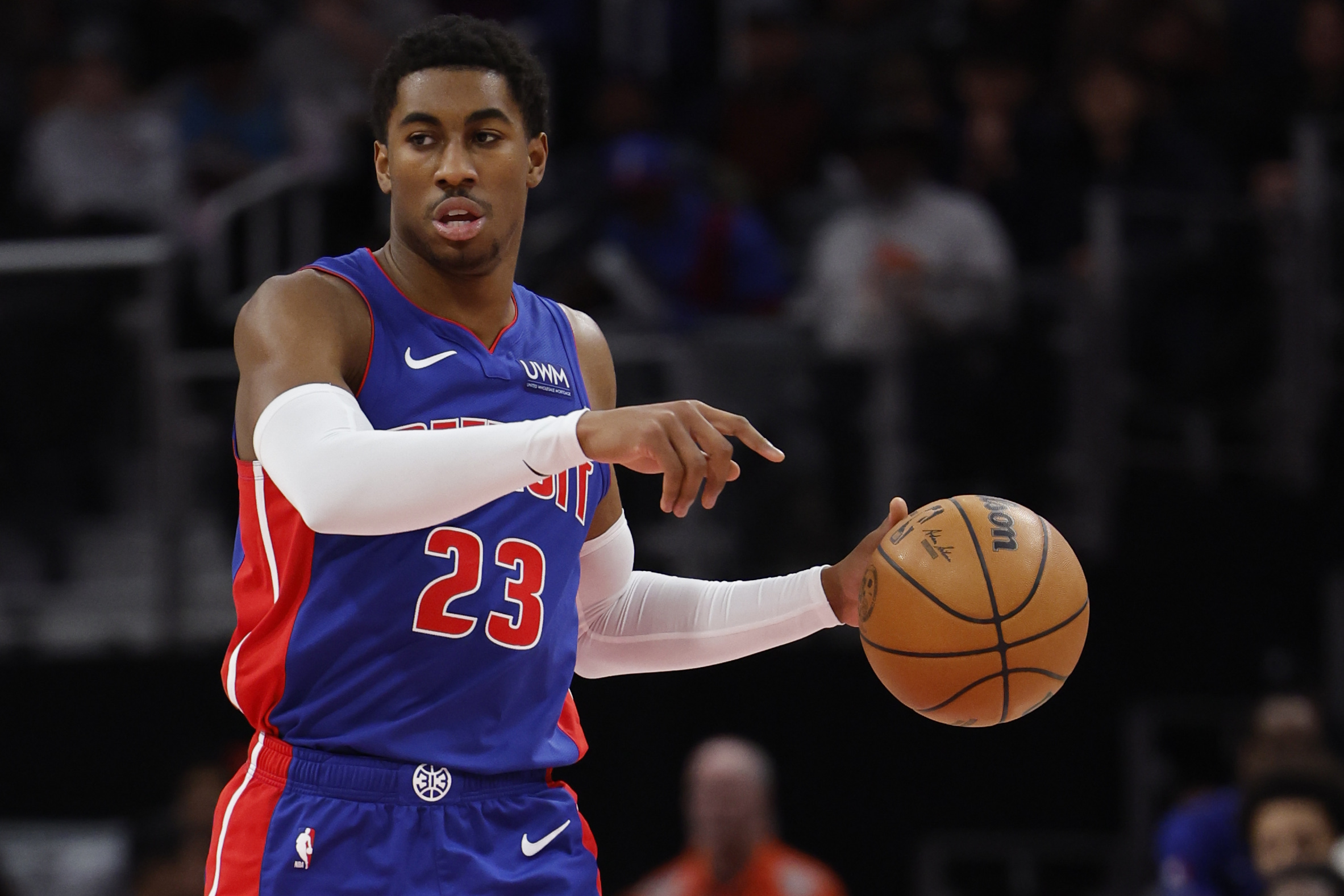 Jan 20, 2024; Detroit, Michigan, USA; Detroit Pistons guard Jaden Ivey (23) dribbles in the first half against the Milwaukee Bucks at Little Caesars Arena. Mandatory Credit: Rick Osentoski-USA TODAY Sports . Article by Brandon Dent